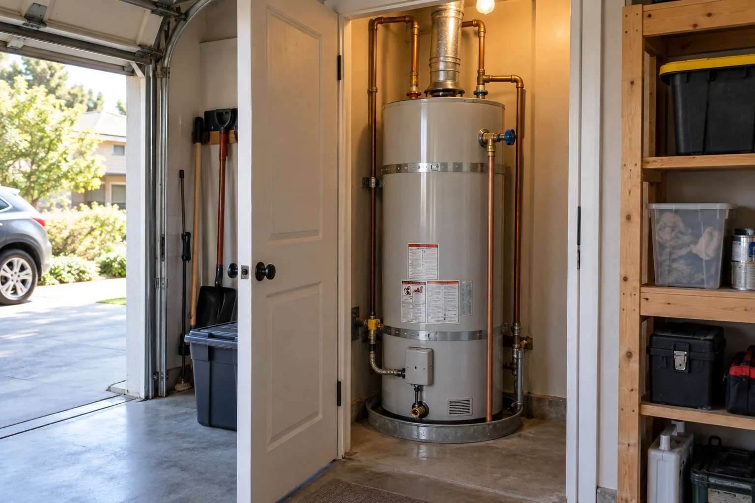 Illustration of a tank water heater in a garage utility closet