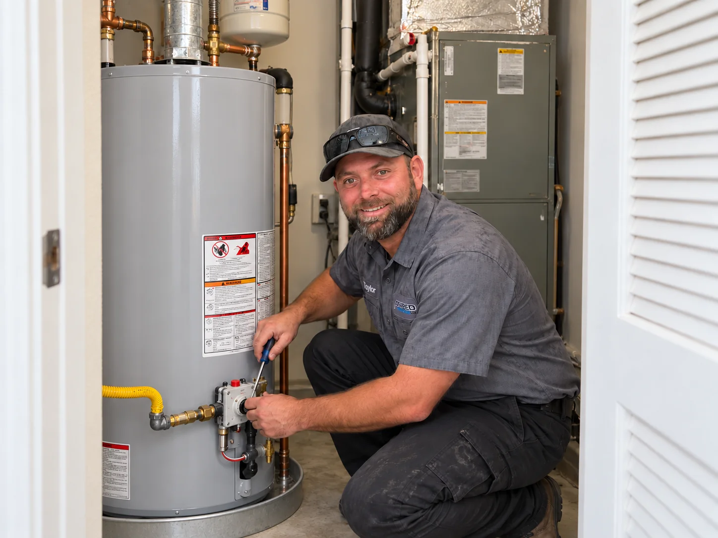 Illustration of an Amped technician beside a tank water heater