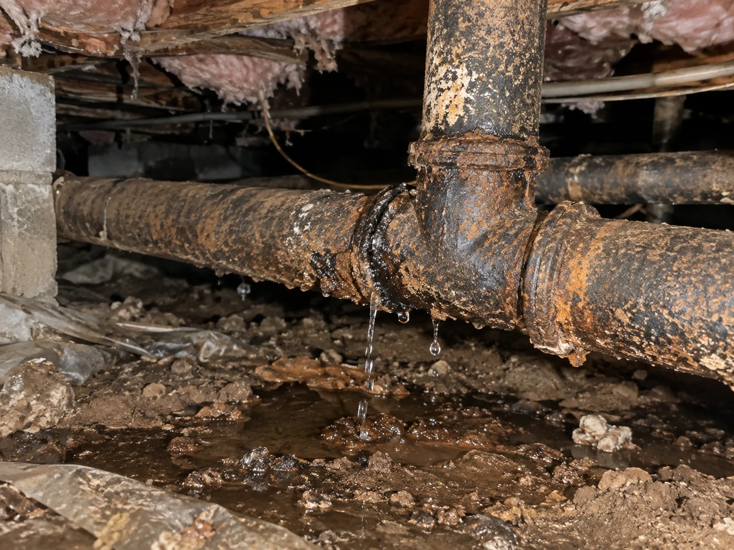 Illustration of a deteriorated cast-iron drain pipe leaking beneath a home