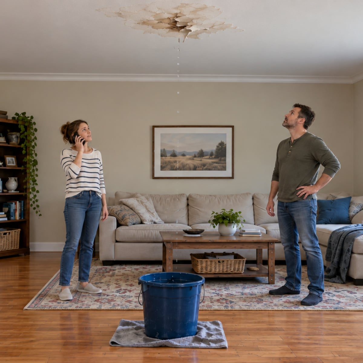 Two people looking at water dripping from a damaged ceiling into a bucket