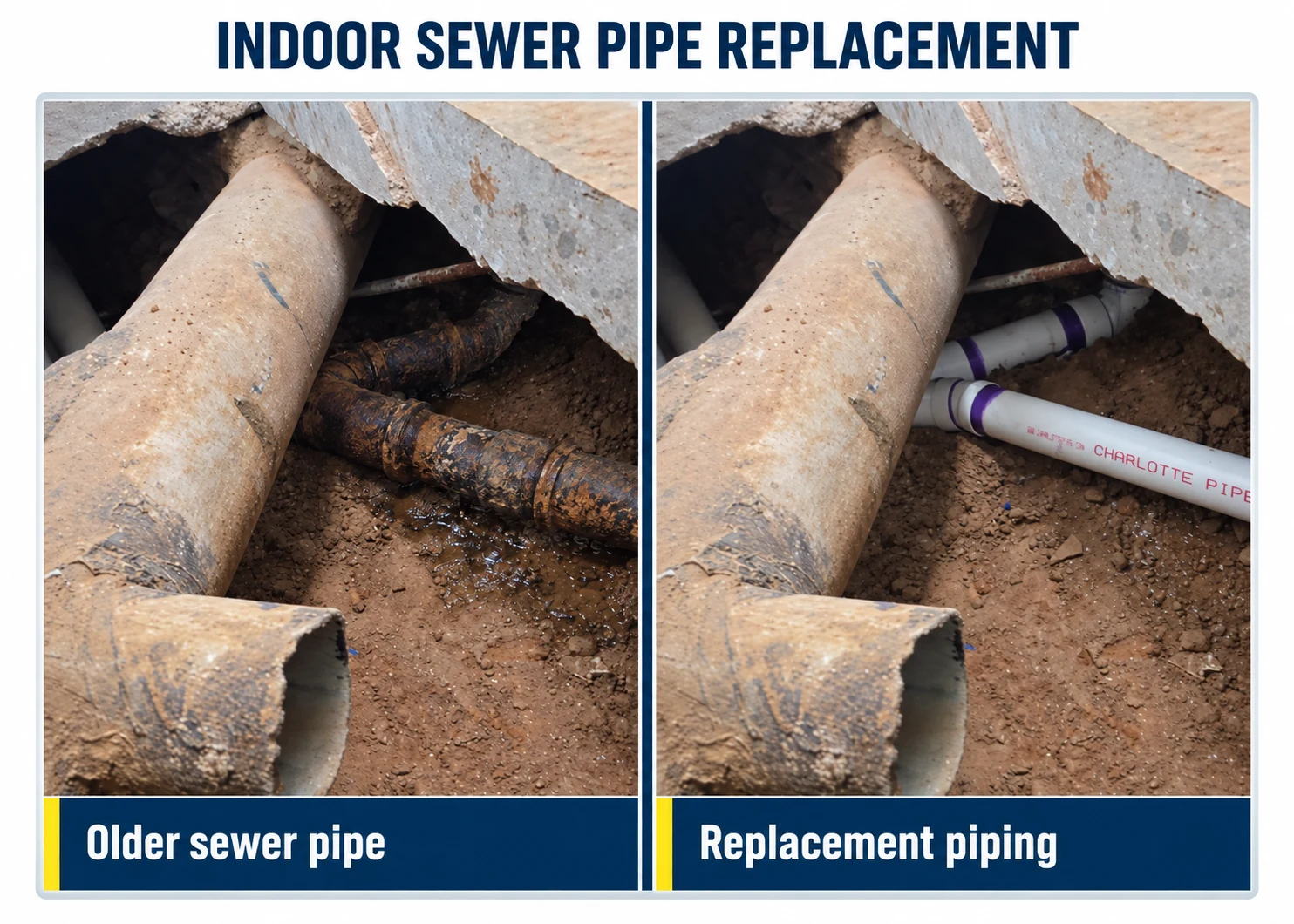 Illustrated comparison of older indoor sewer pipe and replacement piping