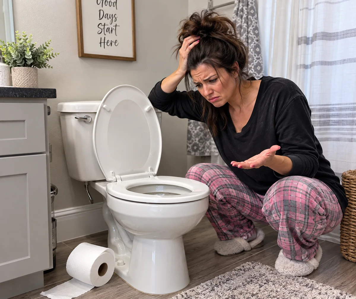 Illustration of a concerned homeowner beside a toilet