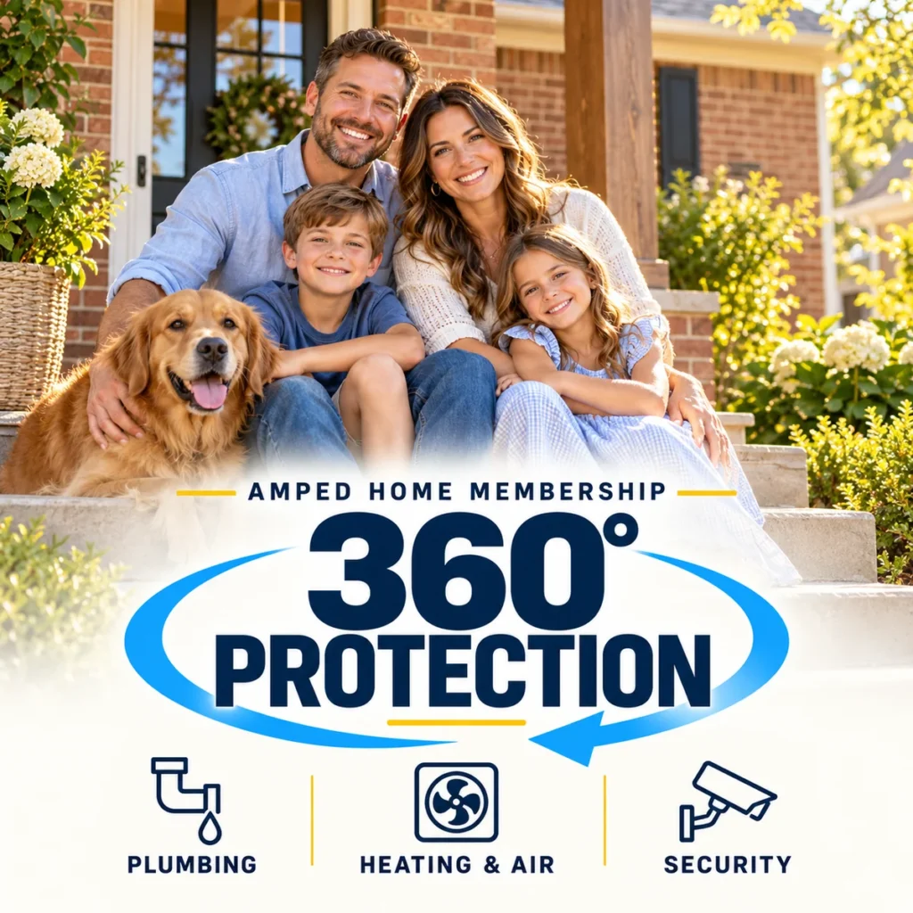 Amped 360° Protection home membership for plumbing, heating and air, and security, with a family and dog on their front porch.