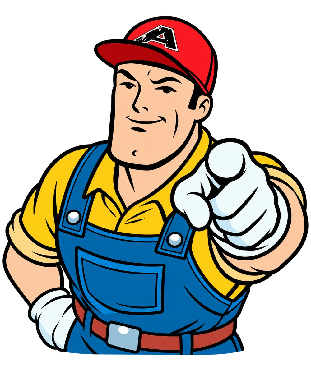 Amped superhero plumber mascot pointing toward the viewer
