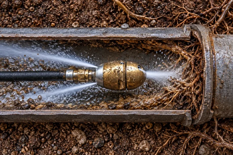 Side-view illustration of a hydro jetting nozzle traveling through a sewer pipe
