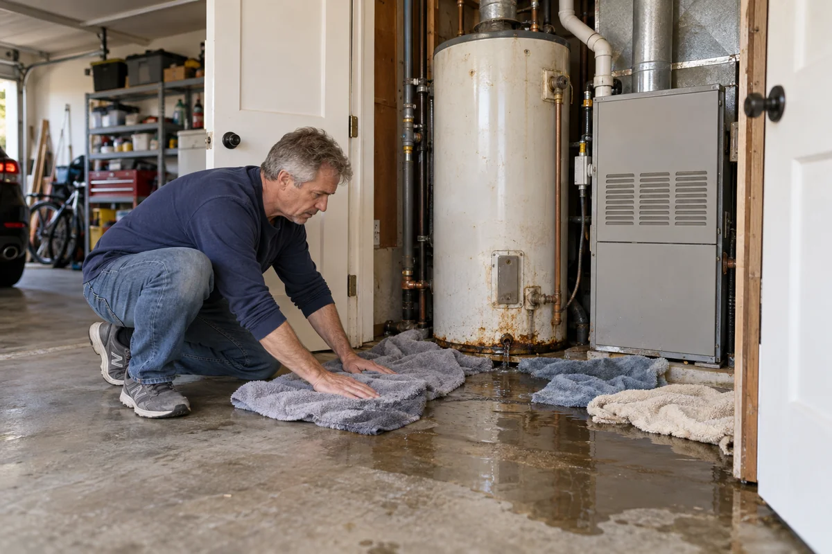 Illustration of a homeowner soaking up water beside a leaking water heater in a garage utility closet