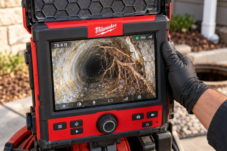 Milwaukee sewer inspection monitor showing tree roots inside a sewer pipe