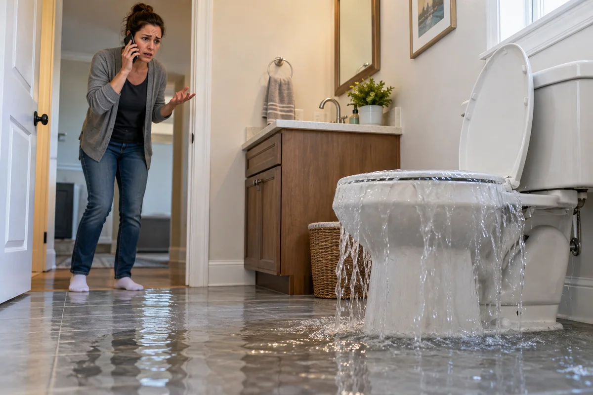 Illustration of an overflowing toilet with a homeowner calling for emergency drain cleaning