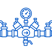 Backflow prevention device icon with valves, test ports, and pressure gauge