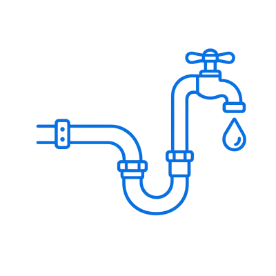 Plumbing services icon with connected pipes, faucet, and water droplet