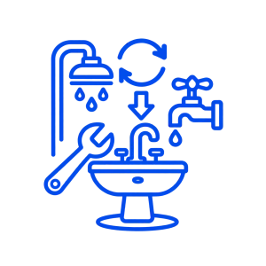 Plumbing fixture installation icon with shower, faucet, sink, arrows, and wrench